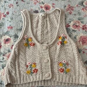For Love & Lemons Beige Cropped Knit Cardigan Vest with Floral Embroidery